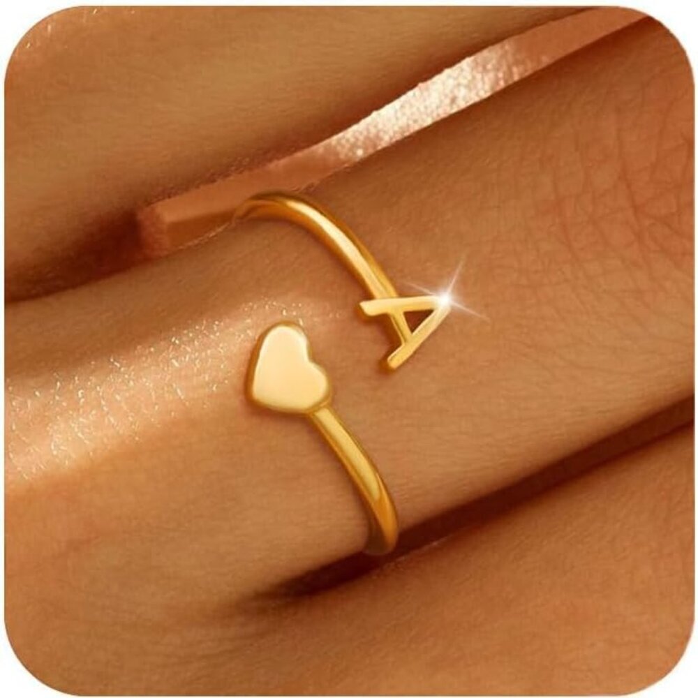 Gold Initial Rings for Women Non Tarnish 18K Gold Plated Heart Initial Stackable